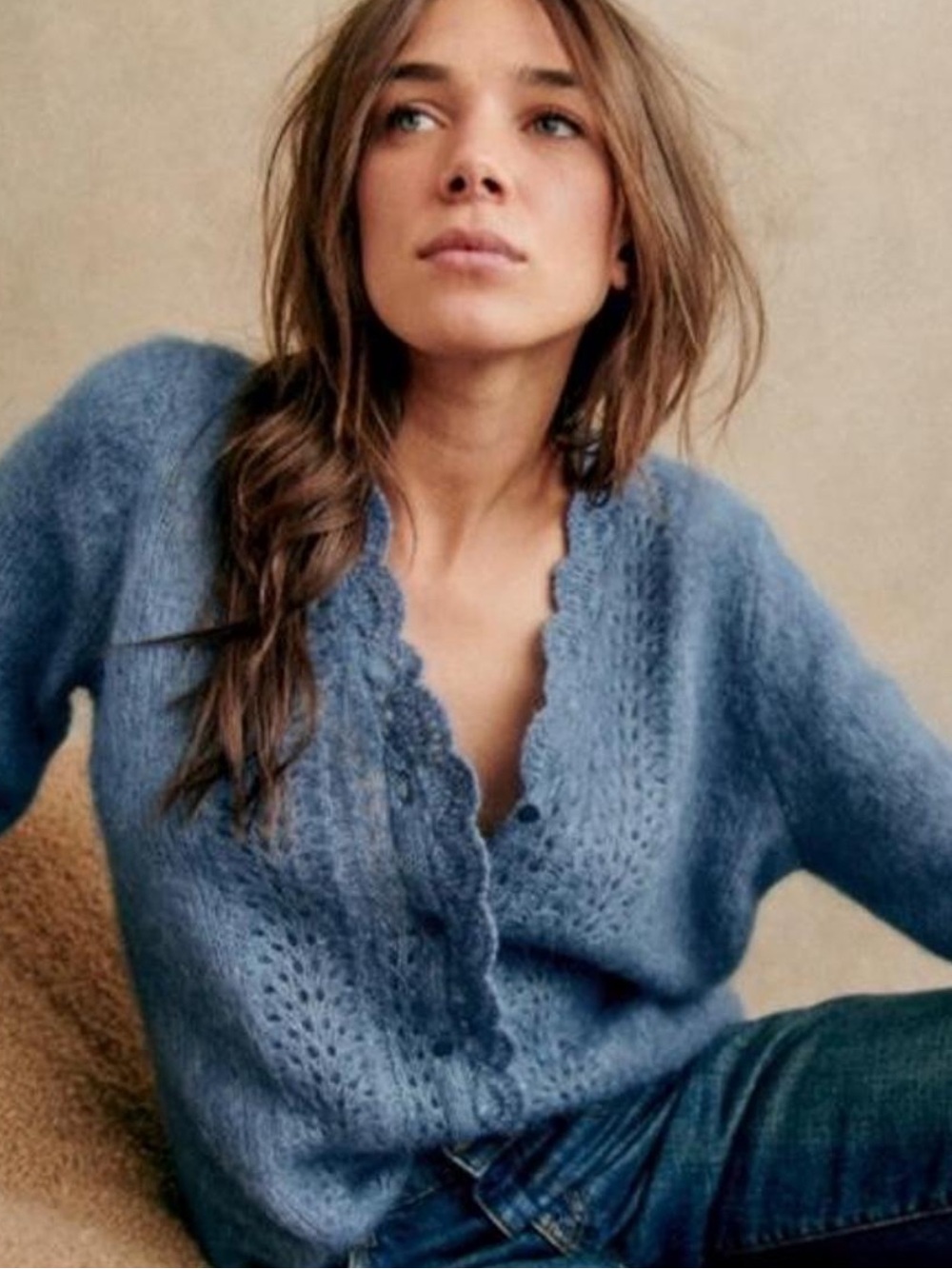 Mohair Wool Cardigan Crochet Vintage Ice Blue XS